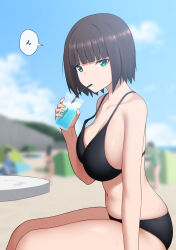 Rule 34 | 1girl, aqua eyes, arm at side, bare shoulders, beach, bikini, black bikini, blue sky, blunt bangs, blurry, blurry background, bob cut, breasts, brown hair, cleavage, closed mouth, cloud, collarbone, cup, day, drink, drinking, drinking glass, drinking straw, female focus, from side, hand up, highres, holding, holding drink, holding drinking glass, ice, ice cube, japanese text, large breasts, legs together, looking at viewer, maanii, navel, original, outdoors, shiny skin, short hair, sidelocks, sitting, sky, solo focus, speech bubble, stomach, sweat, swimsuit, table, thighs, translation request, variant set