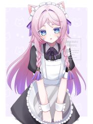 1girl :o alternate_costume animal_ear_fluff animal_ears apron black_dress blue_eyes blush braid cat_ears citlali_(genshin_impact) commentary_request dress enmaided facial_mark forehead_mark frilled_apron frills genshin_impact highres holding holding_tray kemonomimi_mode kino_(curry_pan) long_hair looking_at_viewer maid maid_headdress pink_hair pink_pupils purple_hair revision solo tray triangle triangle_facial_mark upper_body very_long_hair white_apron white_wrist_cuffs wrist_cuffs