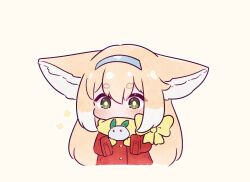 Rule 34 | 1girl, alternate costume, animal ears, arknights, blonde hair, blue hairband, blush, colored tips, commentary, english commentary, fox ears, fox girl, green eyes, hairband, jacket, kurotofu, mittens, multicolored hair, red jacket, scarf, simple background, solo, suzuran (arknights), thick eyebrows, two-tone hair, white hair, yellow background, yellow mittens, yellow scarf