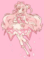 Rule 34 | 1girl, boots, brooch, choker, cone hair bun, cure precious, delicious party precure, earrings, full body, gloves, hair bun, heart, heart brooch, highres, huge bow, jewelry, long hair, magical girl, open mouth, pink background, pink choker, pink hair, pink theme, precure, solo, two side up, white gloves, yufu kyouko