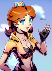 Rule 34 | 1girl, :d, alternate costume, aqua eyes, artist name, black choker, black gloves, blue background, breasts, brown hair, choker, cleavage, collarbone, commentary, cropped hoodie, cropped jacket, crown, datcravat, english commentary, fingerless gloves, gem, gloves, hand on own hip, hand up, highres, hood, hood down, hooded jacket, hoodie, jacket, looking at viewer, mario (series), medium breasts, medium hair, midriff, mini crown, navel, nintendo, open mouth, paid reward available, parted bangs, princess daisy, short sleeves, signature, smile, solo, super mario land, teeth, twitter username, upper body, upper teeth only
