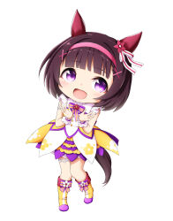 Rule 34 | 1girl, :d, animal ears, black hair, blush, boots, bow, chibi, dress, flower, hair flower, hair ornament, hairband, hairclip, highres, horse ears, horse girl, horse tail, kuena, looking at viewer, nishino flower (umamusume), open mouth, pink hairband, purple eyes, red flower, simple background, sleeveless, sleeveless dress, smile, solo, standing, standing on one leg, striped, striped bow, tail, umamusume, white background, white dress, x hair ornament, yellow footwear