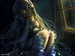 Rule 34 | 00s, 1girl, black theme, blonde hair, chii, chobits, dark, dated, dress, frilled sleeves, frills, highres, long hair, night, sad, sitting, solo, takesanhoukine, window