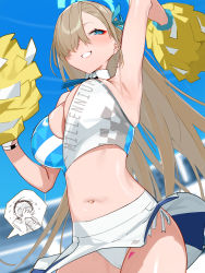Rule 34 | 1girl, arm up, armpits, asuna (blue archive), blue archive, blue eyes, blue ribbon, blue sky, blurry, blurry background, blush, breasts, cosplay, crop top, eyeliner, grin, hair over one eye, hair ribbon, halo, highres, kare huang, large breasts, light brown hair, long hair, makeup, midriff, millennium cheerleader outfit (blue archive), navel, outdoors, panties, pom pom (cheerleading), ribbon, skirt, sky, smile, solo, underwear, white panties, white skirt