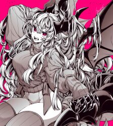 Rule 34 | 1girl, arm behind head, black panties, black tail, black thighhighs, black wings, breasts, commentary, crop top, dragon claw, dragon girl, dragon horns, dragon wings, fangs, hand on own chest, head wings, highres, horns, large breasts, limited palette, long hair, medium breasts, midriff, navel, original, panties, pink eyes, ribbed sweater, shirt, sitting, sweater, symbol-only commentary, tail, takatsuki ichi, thighhighs, thighs, turtleneck, turtleneck sweater, underwear, very long hair, white hair, white shirt, wings