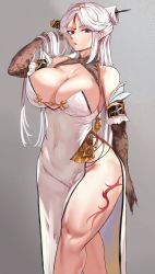 Rule 34 | 1girl, absurdres, bare shoulders, black gloves, breasts, cleavage, closed mouth, commentary, detached sleeves, dress, elbow gloves, genshin impact, gloves, gradient background, hair ornament, hair tassel, hairpin, highres, large breasts, leg tattoo, long hair, loooyd, ningguang (genshin impact), pelvic curtain, platinum blonde hair, red eyes, simple background, solo, tassel, tassel hair ornament, tattoo, thighs