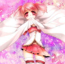 Rule 34 | 10s, 1girl, blush, cape, cosplay, kaname madoka, magical girl, mahou shoujo madoka magica, mahou shoujo madoka magica (anime), midriff, miki sayaka, miki sayaka (cosplay), musical note, navel, patatata, pink eyes, short twintails, solo, thighhighs, twintails