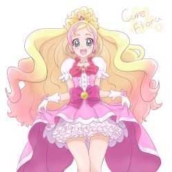 Rule 34 | 1girl, aqua eyes, blonde hair, blue eyes, blush, bow, chocokin, choker, cure flora, earrings, frilled skirt, frills, gloves, go! princess precure, gradient hair, hair ornament, half updo, haruno haruka, highres, holding, holding clothes, holding skirt, jewelry, long hair, magical girl, multicolored hair, open mouth, petticoat, pink bow, pink hair, pink skirt, precure, puffy short sleeves, puffy sleeves, ribbon, short sleeves, skirt, skirt hold, smile, solo, streaked hair, text focus, two-tone hair, very long hair, waist bow, wavy hair