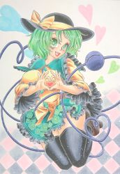 Rule 34 | 1girl, absurdres, breasts, brown footwear, checkered background, commentary request, dekoorashiru, eyebrows hidden by hair, eyelashes, frilled skirt, frilled sleeves, frills, green eyes, green hair, hat, hat ribbon, heart, heart hands, highres, komeiji koishi, lips, medium breasts, medium hair, ribbon, shoes, skirt, solo, teeth, thighhighs, thighs, third eye, tongue, touhou, traditional media, upper teeth only