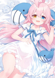 Rule 34 | 1girl, ahoge, bag, bed sheet, blue archive, blue eyes, blush, collarbone, dress, frilled dress, frills, hair between eyes, halo, highres, hoshino (blue archive), ima (lm ew), long hair, official alternate costume, open mouth, pink hair, pink halo, shoulder bag, signature, smile, solo, white dress, yellow eyes