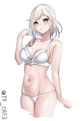 Rule 34 | 1girl, alternate costume, blonde hair, blue eyes, blush, bra, breasts, commentary request, cowboy shot, cropped legs, frilled bra, frills, gradient hair, groin, highres, jean bart (kancolle), kantai collection, medium hair, multicolored hair, navel, one-hour drawing challenge, panties, simple background, solo, tf cafe, twitter username, underwear, white background, white bra, white panties