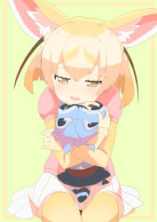 Rule 34 | 1girl, absurdres, animal ear fluff, animal ears, blonde hair, character doll, commentary request, common raccoon (kemono friends), elbow gloves, fennec (kemono friends), fox ears, funakenblue, gloves, highres, kemono friends, medium hair, nesoberi, hugging object, open mouth, pink sweater, puffy short sleeves, puffy sleeves, short hair, short sleeves, simple background, sitting, skirt, solo, sweater, thighhighs, white skirt, yellow background, yellow eyes, yellow gloves, yellow thighhighs