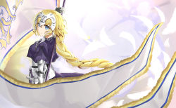 Rule 34 | 1girl, absurdres, armor, armored dress, banner, black dress, blonde hair, blue eyes, braid, dress, fate/grand order, fate (series), feathers, floating hair, gauntlets, highres, hikashou, holding, holding weapon, jeanne d&#039;arc (fate), jeanne d&#039;arc (ruler) (fate), long hair, sheath, sheathed, single braid, smile, solo, standing, sword, very long hair, weapon, white feathers