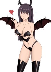Rule 34 | 1girl, arm under breasts, artist request, bent over, blowing kiss, breast hold, breasts, cleavage, curvy, demon girl, demon horns, demon wings, heart, highres, horns, ijiranaide nagatoro-san, large breasts, leaning forward, lingerie, long hair, looking at viewer, navel, open mouth, purple hair, red eyes, revealing clothes, simple background, solo, sunomiya sana, underwear, wide hips, wings