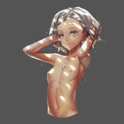 Rule 34 | 1girl, arms up, bad id, bad pixiv id, bobomaster, breasts, close-up, collarbone, cross, dappled sunlight, female focus, flat chest, grey background, grey eyes, jewelry, navel, necklace, nipples, nude, original, parted lips, shadow, short hair, silver hair, simple background, small breasts, solo, sunlight, wet