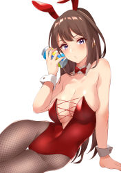 Rule 34 | 1girl, absurdres, animal ears, bare shoulders, blush, bow, bowtie, breasts, brown hair, can, cleavage, collarbone, commentary request, covered navel, detached collar, earrings, fake animal ears, fate/grand order, fate (series), fishnet pantyhose, fishnets, haneramu, highleg, highleg leotard, highres, jewelry, large breasts, leotard, long hair, looking at viewer, pantyhose, playboy bunny, purple eyes, rabbit ears, red leotard, simple background, solo, thighs, white background, wrist cuffs, yu mei-ren (fate)
