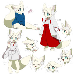 Rule 34 | 1other, androgynous, animal ears, animal hands, aqua eyes, blue hoodie, cake, claws, closed eyes, food, fox ears, fox tail, full body, furry, grey shorts, hakama, hakama skirt, hand on own face, hand up, happy, hatenakayubi, highres, hood, hoodie, japanese clothes, japanese text, kimono, long sleeves, miko, multiple views, open mouth, original, ribbon trim, sad, sharp teeth, shorts, simple background, sitting, skirt, sleeves past wrists, smile, standing, surprised, tail, tears, teeth, translation request, veil, white background, white kimono, wide-eyed