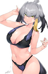 Rule 34 | 1girl, arm up, bare arms, bare shoulders, bird tail, black bra, black hair, black panties, blonde hair, bra, breasts, cleavage, collarbone, commentary, cowboy shot, expressionless, floral print, green eyes, grey hair, hair between eyes, happa (cloverppd), head wings, highres, kemono friends, lace, lace-trimmed bra, lace-trimmed panties, lace trim, large breasts, lingerie, looking at viewer, multicolored bra, multicolored clothes, multicolored hair, multicolored panties, navel, panties, print bra, print panties, purple bra, purple panties, rose print, shoebill (kemono friends), signature, simple background, single sidelock, solo, stomach, tail, underwear, underwear only, white background, wings
