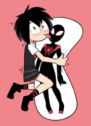 Rule 34 | 1girl, black hair, blush, body pillow, highres, licking, looking at viewer, marvel, miscon, peni parker, pillow, saliva, school uniform, short hair, solo, spider-man: into the spider-verse, spider-man (series), spider-verse, tongue, tongue out