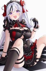 Rule 34 | 1girl, azur lane, black dress, black legwear, breasts, checkered floor, clothing cutout, cross, dress, elbe (azur lane), elbe (time to show off?) (azur lane), fang, frilled dress, frills, hair between eyes, holding, holding own hair, iron cross, jyu-so, knees up, large breasts, long hair, looking at viewer, multicolored hair, official alternate costume, open mouth, raised eyebrows, sitting, skin fang, smile, solo, streaked hair, thigh strap, thighs, underboob cutout