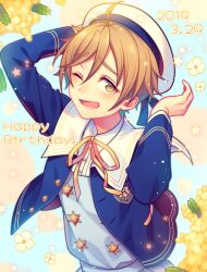 Rule 34 | 1boy, arms up, brown eyes, brown hair, buttons, chiyu (silverxxxx), commentary request, dated, ensemble stars!, flower, happy birthday, leaf, long sleeves, looking at viewer, lower teeth only, male focus, mashiro tomoya, neck ribbon, one eye closed, open clothes, open mouth, ribbon, sailor collar, short hair, solo, star (symbol), teeth, upper body, yellow ribbon