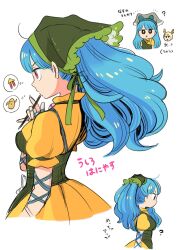 Rule 34 | 1girl, apron, blue hair, commentary request, dress, green apron, haniwa (statue), haniyasushin keiki, head scarf, highres, kicchou yachie, long hair, mashuu masaki, multiple views, short sleeves, simple background, thought bubble, touhou, translation request, white background, yellow dress
