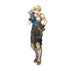 Rule 34 | 1boy, bandaged arm, bandages, blonde hair, blue eyes, brown pants, febail (fire emblem), fingerless gloves, fire emblem, fire emblem: genealogy of the holy war, full body, gloves, hand on own chest, headband, looking at viewer, male focus, nintendo, official art, pants, quiver, single shoulder pad, smile, solo, white background, white headband