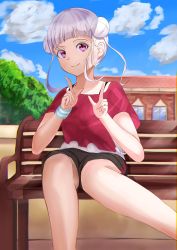 Rule 34 | 1girl, aqua wristband, arashi chisato, artist name, artist request, bare legs, black shorts, black tank top, blue sky, blue wristband, blush, breasts, cloud, collarbone, day, double bun, double v, female focus, hair bun, hair tie, highres, house, long hair, looking at viewer, love live!, love live! school idol festival, love live! superstar!!, outdoors, parted lips, pink eyes, red eyes, red shirt, shirt, short shorts, short sleeves, shorts, sitting, sky, small breasts, smile, solo, tank top, twintails, undershirt, v, wavy hair, white hair