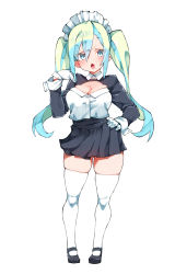 Rule 34 | 1girl, absurdres, black footwear, black skirt, blue eyes, blue hair, blush, breasts, cleavage, eyes visible through hair, fang, gloves, green hair, hair between eyes, hand on own hip, highres, kz oji, maid headdress, mole, mole under mouth, multicolored hair, open mouth, original, simple background, skindentation, skirt, solo, standing, thick thighs, thighhighs, thighs, tongue, twintails, white background, white gloves, white thighhighs