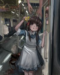 Rule 34 | 1girl, 1other, absurdres, apron, black hair, blue dress, blush, brown eyes, collared dress, corpse, dress, hair ornament, highres, looking up, low twintails, maid apron, open mouth, original, scissors, shiranome, signature, train interior, twintails, twitter username