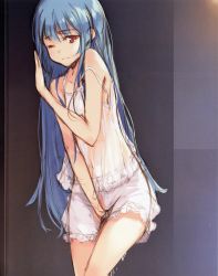 Rule 34 | 1girl, bare shoulders, bloomers, blue hair, breasts, chemise, colorized, cropped, female ejaculation, female masturbation, fingering, fingering through clothes, gradient background, have to pee, highres, hinanawi tenshi, ke-ta, long hair, looking at viewer, masturbation, midriff, non-web source, off shoulder, one eye closed, peeing, peeing self, pussy juice, red eyes, scan, scan artifacts, see-through, sketch, sleeveless, small breasts, solo, strap slip, through clothes, touhou, underwear, white bloomers