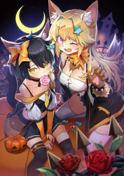 Rule 34 | animal ear fluff, animal ears, artist name, bag, black choker, black hair, black legwear, black shirt, black skirt, blonde hair, bob cut, bow, bracelet, braid, breasts, candy, cat ears, cat girl, cat tail, choker, claws, cleavage, closed mouth, clothing cutout, commentary, crescent moon, flower, food, frown, hair bow, hair intakes, hair ornament, hairclip, halloween, highres, jack-o&#039;-lantern, jewelry, leaning forward, lollipop, long hair, looking at viewer, medium breasts, midriff, miniskirt, mitake eil, moon, mouth hold, multicolored hair, navel, night, off-shoulder shirt, off shoulder, one eye closed, open mouth, orange bow, original, outdoors, pleated skirt, purple eyes, red flower, red rose, rose, satchel, shirt, short hair, side braid, signature, single horizontal stripe, sitting, skirt, smile, spiked bracelet, spikes, star (symbol), star hair ornament, tail, thighhighs, two-tone hair, white hair, white legwear, yellow eyes