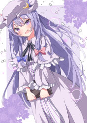 Rule 34 | 1girl, absurdres, blue bow, blush, book, bow, capelet, commentary request, crescent, crescent hat ornament, dress, flower, hair bow, hat, hat ornament, highres, holding, holding book, long hair, looking at viewer, mob cap, open mouth, patchouli knowledge, purple eyes, purple hair, red bow, saimu taju, solo, sweatdrop, touhou, very long hair, white background, wide sleeves