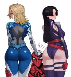 1boy 2girls absurdres ass black_hair blonde_hair blue_bodysuit bodysuit breasts earrings fantastic_four from_behind grabbing_another&#039;s_ass groping highres hoop_earrings jewelry large_breasts leotard looking_back marvel marvel_rivals multiple_girls purple_leotard purple_thighhighs ratatatat74 red_bodysuit red_sash sash simple_background spider-man_(series) spider-sense_(spider-man) spider_web_print superhero_costume thighhighs white_background x-men