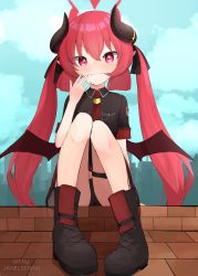 Rule 34 | 1girl, absurdres, black panties, blue archive, blush, boots, commission, demon girl, demon horns, feet, highres, horns, janel-senpai, junko (blue archive), panties, pointy ears, ponytail, red eyes, red hair, shadow, shoes, simple background, sitting, underwear, uniform, watermark, wings