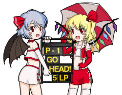 Rule 34 | 2girls, :d, bat wings, blonde hair, blue hair, blush stickers, elbow gloves, fang, fangs, female focus, flandre scarlet, gloves, midriff, multiple girls, no headwear, open mouth, ponytail, race queen, red eyes, remilia scarlet, sakurato tsuguhi, short hair, siblings, side ponytail, sisters, smile, thighhighs, touhou, umbrella, white thighhighs, wings