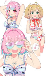 Rule 34 | 2girls, adjusting eyewear, ahoge, arms behind head, arms up, bikini, blonde hair, blue hair, blush, bracelet, braid, breasts, cleavage, closed mouth, collarbone, cup, drinking glass, drinking straw, eyewear on head, frilled bikini, frills, green eyes, hair intakes, halterneck, heart, heart-shaped eyewear, highres, holding, holding cup, idolmaster, idolmaster cinderella girls, idolmaster cinderella girls starlight stage, jewelry, kamo (kamonabe 44), large breasts, looking at viewer, multicolored hair, multiple girls, multiple views, musical note, necklace, open mouth, pink eyes, pink hair, sato shin, short hair, short twintails, smile, speech bubble, spoken musical note, sunglasses, swimsuit, twintails, two-tone hair, yumemi riamu