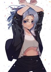 Rule 34 | 1girl, 87esn, animification, arms up, black jacket, black pants, blue eyes, confetti, crop top, crop top overhang, cropped shirt, crossed arms, floating hair, girls planet 999, grey hair, headset, highres, jacket, light frown, looking at viewer, medium hair, pants, real life, shirt, solo, su ruiqi, twitter username, white background, white shirt