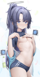 Rule 34 | 1girl, absurdres, areola slip, bandaid, bandaids on nipples, black shirt, blue archive, blue buruma, blue eyes, blue hair, blush, bottle, breasts, buruma, gym uniform, halo, highres, jacket, long hair, looking at viewer, medium breasts, nail polish, official alternate costume, open clothes, open jacket, pasties, ponytail, shirt, simple background, solo, star sticker, sticker, sticker on face, stomach, sweat, taitai, very long hair, wet, wet hair, yuuka (blue archive), yuuka (track) (blue archive)
