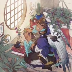 Rule 34 | 1boy, bird, black sclera, blue eyes, book, bookshelf, brown hair, cactus, clock, clover, colored sclera, dark skin, dark-skinned male, four-leaf clover, indoors, looking at viewer, male focus, map (object), mirion, pixiv fantasia, pixiv fantasia age of starlight, plant, potted plant, seiza, sitting, tasuki, vase, white wings, window, wings