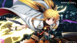Rule 34 | 1girl, bardiche (nanoha), black gloves, blonde hair, building, cloak, fate testarossa, floating cape, gloves, holding, holding weapon, infinity souls, kawakami shuuichi, lightning, lyrical nanoha, night, official art, red eyes, skirt, solo, two-sided cloak, two-sided fabric, weapon, white cloak