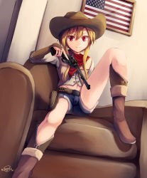 Rule 34 | 1girl, american flag, bad id, bad pixiv id, blonde hair, boots, couch, cowboy hat, dreadtie, fang, flag, gun, handgun, hat, highres, jessica jefferson, legs, looking at viewer, navel, original, picture frame, red eyes, revolver, shorts, signature, sitting, smile, solo, spread legs, weapon, cowboy western