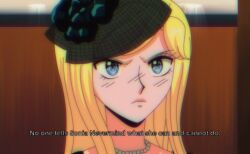 Rule 34 | 1990s (style), 1girl, bead necklace, beads, black flower, black hat, blonde hair, blurry, blurry background, blush, closed mouth, danganronpa (series), danganronpa 2: goodbye despair, english text, flower, gabi (dr2 hell), green eyes, hat, hat flower, jewelry, looking at viewer, necklace, portrait, retro artstyle, solo, sonia nevermind, subtitled