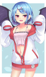 Rule 34 | 1girl, alternate costume, bat wings, black wings, blue hair, bra, breasts, cowboy shot, fang, hair ornament, hairclip, highres, hood, hooded jacket, jacket, looking at viewer, navel, open mouth, oversized clothes, pink bra, red eyes, remilia scarlet, short hair, sleeves past fingers, sleeves past wrists, small breasts, solo, touhou, underwear, uumaru, v-shaped eyebrows, white jacket, wings