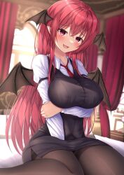 Rule 34 | 1girl, :d, arm under breasts, backlighting, bat wings, black dress, black pantyhose, black vest, bloom, blurry, blurry background, blush, breasts, collared shirt, covered erect nipples, curtains, depth of field, dress, fang, head wings, highres, indoors, koakuma, large breasts, long hair, long sleeves, looking at viewer, multiple wings, necktie, open mouth, overexposure, panties, pantyhose, pantyshot, pink eyes, red eyes, red hair, red necktie, reijing etrn, shirt, sitting, skirt, smile, solo, touhou, underwear, very long hair, vest, wariza, white shirt, wings