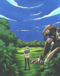 Rule 34 | 1girl, albert denomikeldy, ass, boots, cloud, forest, from behind, grass, kimura takahiro, leotard, mecha, nature, outdoors, pc engine, puffy sleeves, revealing clothes, robot, short sleeves, sky, standing, steam hearts, thigh boots, thighhighs, thong leotard, tree