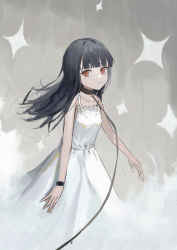 Rule 34 | 1girl, absurdres, bad id, bad pixiv id, bdsm, black hair, bracelet, closed mouth, collar, collarbone, commentary, dress, expressionless, grey background, highres, jewelry, leash, long hair, looking at viewer, mole, mole under eye, original, pov, red eyes, sleeveless, sleeveless dress, solo, spaghetti strap, sparkle, subfiction, viewer holding leash, white dress