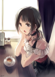 Rule 34 | &gt;:o, 10s, 1girl, :o, artist name, bare shoulders, bison cangshu, black eyes, black hair, cup, curtains, head rest, heart, heart necklace, necklace, okita sawa, saucer, sitting, solo, tari tari, twintails, v-shaped eyebrows, window