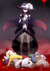 Rule 34 | 1girl, blood, female focus, floating hair, full body, goth fashion, hat, holding, kazami haruki, light smile, long hair, red eyes, smile, solo, standing, stuffed toy, very long hair