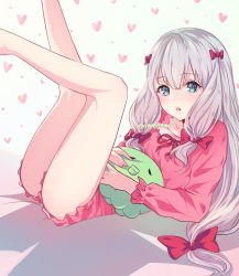 Rule 34 | 10s, 1girl, blue eyes, bow, eromanga sensei, hair bow, hanamei, heart, highres, izumi sagiri, legs up, long hair, looking at viewer, low-tied long hair, lying, on back, open mouth, pajamas, red bow, red pajamas, red ribbon, red shirt, red shorts, ribbon, shirt, short shorts, shorts, silver hair, simple background, solo, very long hair, white background